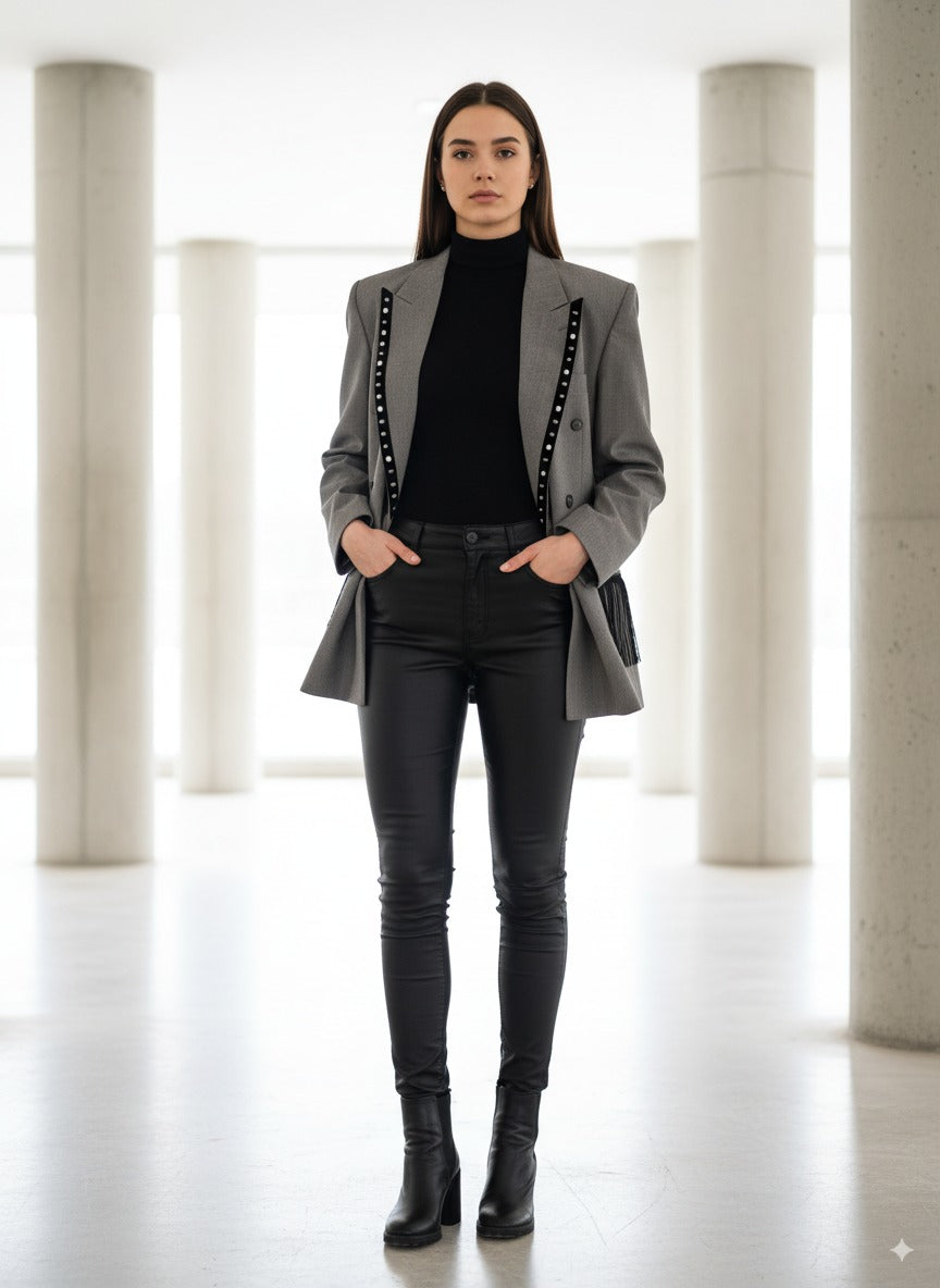 Chaqueta Americana Custom Fleco Negro